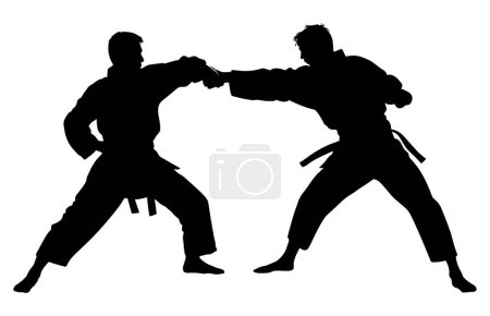 Two men demonstrate karate, Men demonstrate karate, Fight between two aikido fighters vector silhouette