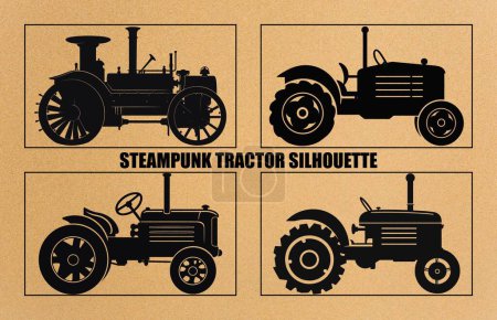 Steampunk Tractor Silhouette, Tractors Vector Silhouette,Tractor Silhouettes Modern and Antique,