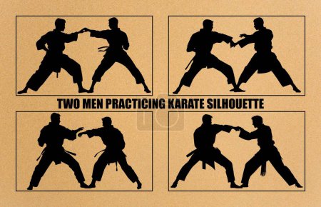 Illustration for Two men practicing karate silhouette, Two karate men fighters in a match, - Royalty Free Image