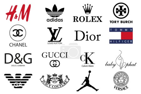 Clothing firms. Dolche Gabanna, Tory Burch, Tommy Hilfiger, Versache, Baby Phat, Calvin Klein, Dior, Joicy Couture, GA, Adidas, Chanel, HandM, Rolex, Louis Vuitton, GUCCI. Vector isolated brand logo