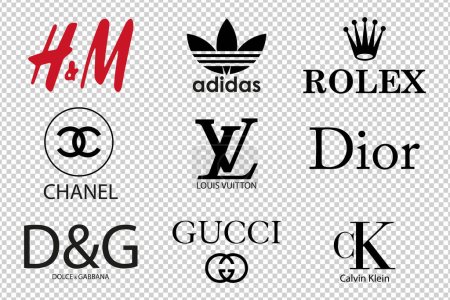 Illustration for Clothing firms. Dolche Gabanna, Calvin Klein, Dior, Adidas, Chanel, HandM, Rolex, Louis Vuitton, GUCCI. Vector brand Isolated logo - Royalty Free Image