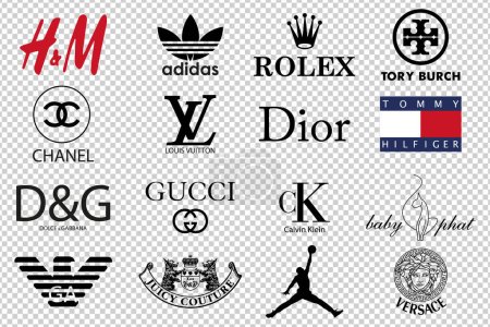 Ilustración de Clothing firms. Dolche Gabanna, Tory Burch, Tommy Hilfiger, Versache, Baby Phat, Calvin Klein, Dior, Joicy Couture, GA, Adidas, Chanel, HandM, Rolex, Louis Vuitton, GUCCI. Vector brand logo - Imagen libre de derechos