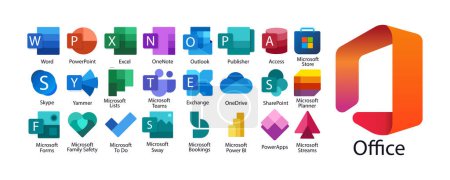 Téléchargez les illustrations : Microsoft Office 365: Excel, PowerPoint, Publisher, Sway, Outlook, SharePoint, Access, Exchange, Word, Srore, Planner, Streams, Forms, Yammer, OneDrive, Teams, Skype, OneNote, Yammer, etc. Éditorial - en licence libre de droit