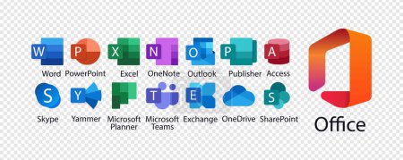 Téléchargez les illustrations : Microsoft Office 365 : Excel, PowerPoint, Editeur, Sway, Outlook, SharePoint, Access, Exchange, Word, Yammer, OneDrive, Équipes, Skype, OneNote, Yammer. Vecteur éditorial - en licence libre de droit