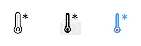 Téléchargez les illustrations : Thermomètre avec flocons de neige. Froid, hiver, saison froide, mesure de la température, conditions météorologiques, nature, précipitations, neige. Icône de jeu vectoriel en ligne, styles noirs et colorés sur fond blanc - en licence libre de droit