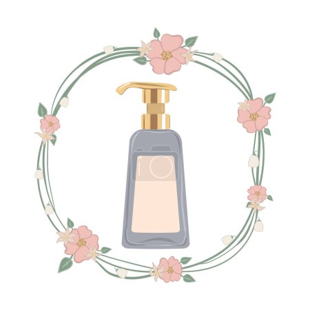 Illustration for Cosmetic lotion with dispenser. Vector illustration in floral wreath - Royalty Free Image