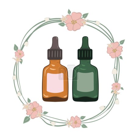 Illustration for Serums with dropper in brown and green glass bottles. Vector illustration in floral wreath - Royalty Free Image