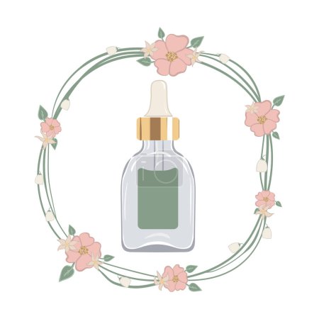Illustration for Serum with dropper in transparent glass bottle. Vector illustration in floral wreath - Royalty Free Image