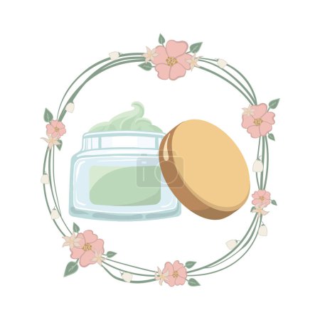 Illustration for Nourishing green face cream in transparent glass jar. Vector illustration in floral wreath - Royalty Free Image