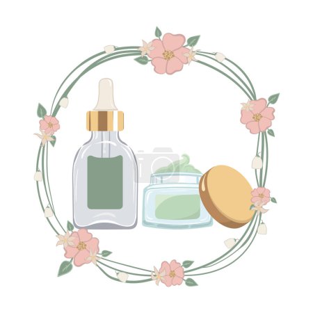 Illustration for Serum with dropper in transparent glass bottle and nourishing green face cream in transparent glass jar. Vector illustration in floral wreath - Royalty Free Image