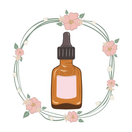 Illustration for Serum with dropper in brown glass bottle. Vector illustration in floral wreath - Royalty Free Image