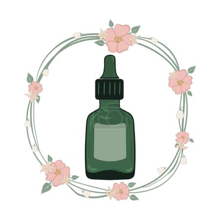 Illustration for Serum with dropper in green glass bottle. Vector illustration in floral wreath - Royalty Free Image