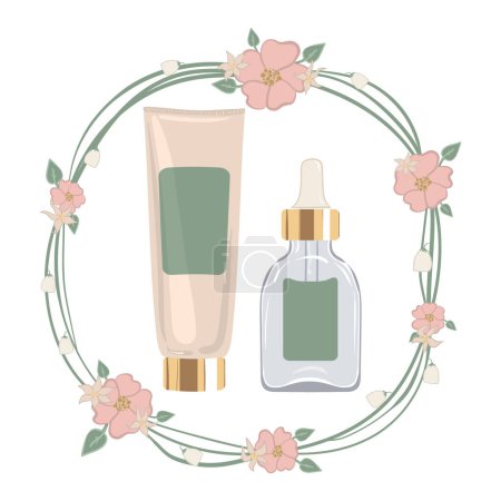 Illustration for Moisturizing cream and serum with dropper in transparent glass bottle. Vector illustration in floral wreath - Royalty Free Image
