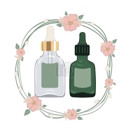 Illustration for Serums with dropper in brown and transparent glass bottles. Vector illustration in floral wreath - Royalty Free Image