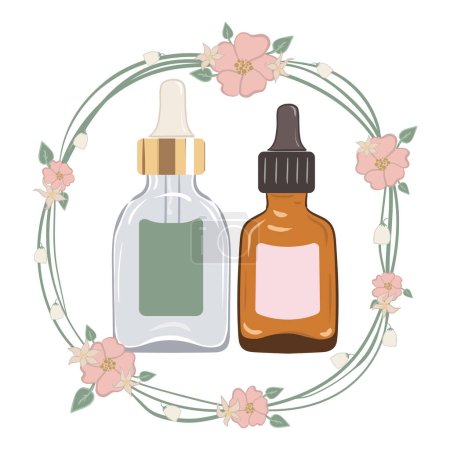 Serums with dropper in green and transparent glass bottles. Vector illustration in floral wreath