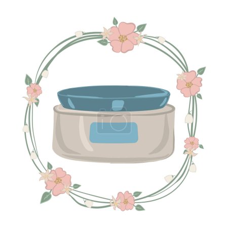 Téléchargez les illustrations : Crème hydratante dans un pot de luxe. Illustration vectorielle en couronne florale - en licence libre de droit