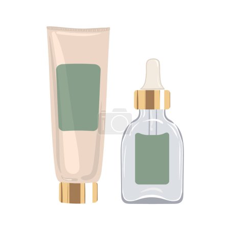 Illustration for Moisturizing cream and serum with dropper in transparent glass bottle. Vector illustration - Royalty Free Image