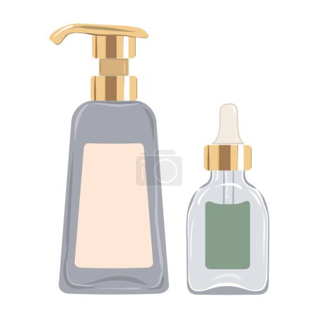 Ilustración de Loción cosmética con dispensador y suero con gotero en frasco de vidrio transparente. Ilustración vectorial - Imagen libre de derechos