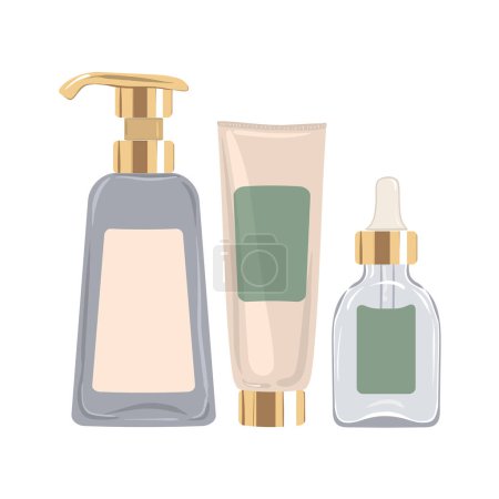 Illustration for Cosmetic lotion with dispenser, Moisturizing cream in luxury tube and serum with dropper in transparent glass bottle. Vector illustration - Royalty Free Image