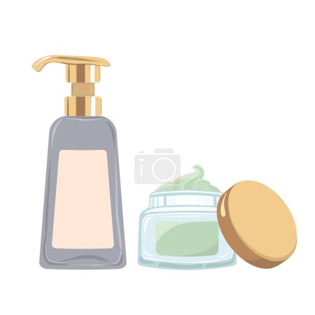 Ilustración de Loción cosmética con dispensador y crema nutritiva para la cara verde en tarro de vidrio transparente. Ilustración vectorial - Imagen libre de derechos
