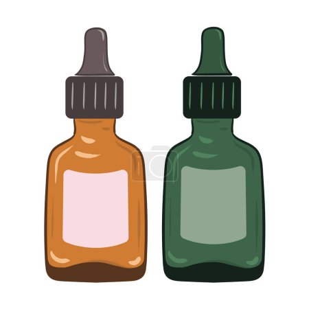 Illustration for Serums with dropper in brown and green glass bottles. Vector illustration - Royalty Free Image