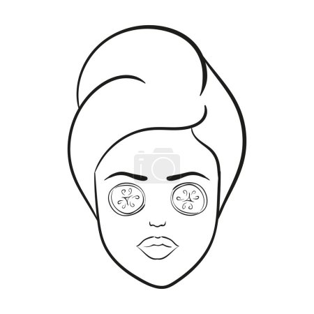 Ilustración de Mujer con rodajas de pepino en los ojos y con toalla en el icono de la línea de la cabeza. Vector - Imagen libre de derechos