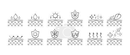 Illustration for Skin care set icon. Hydration, moisturizing, SPF, cold and UV protection, glowing skin, arrows, rays, sunburn, natural cosmetics, elasticity , treatment. Vector - Royalty Free Image