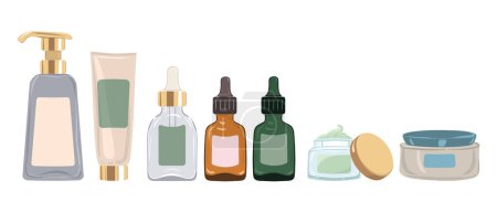 Illustration for Lotion with dispenser, moisturizer in luxury tube, serums with droppers in glass bottles, nourishing creams. Vector illustration - Royalty Free Image