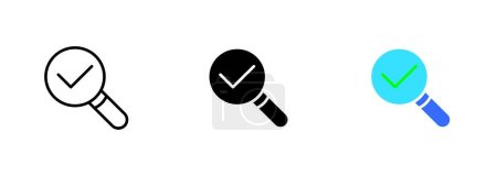 Illustration for An icon of a magnifying glass with a checkmark, representing the idea of thoroughness and attention to detail in the context. Vector set of icons in line, black and colorful styles isolated. - Royalty Free Image