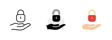 Illustration for An illustration of a hand holding a shiny metal lock, with the fingers tightly gripping the lock and the keyhole clearly visible. Vector set of icons in line, black and colorful styles isolated. - Royalty Free Image