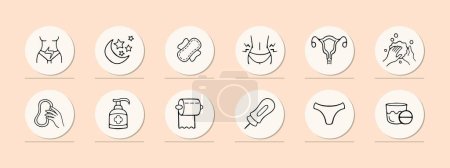 Menstruation icon set. Period products, menstrual cycle, pad, tampon, menstrual cup. Period pain concept. Pastel color background. Vector line icon for Business