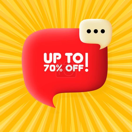 Illustration for Up to 70 off banner. Speech bubble with Up to 70 off text. Business concept. 3d illustration. Pop art style. Vector line icon for Business and Advertising. - Royalty Free Image