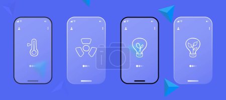 Illustration for Green Energy Icon. Radioactive threat sign, thermometer, light bulb, sprout. Glassmorphism style. Ui phone app - Royalty Free Image