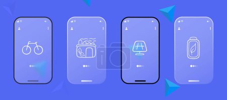 Illustration for Green Energy Icon. Bicycle, green factory, solar panels, solar energy. Glassmorphism style. Ui phone app - Royalty Free Image