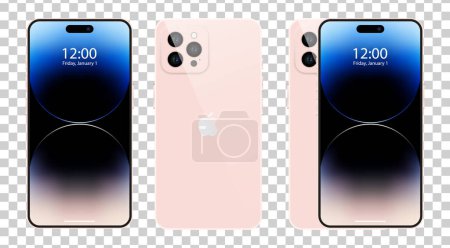 Illustration for Apple iPhone 14. Smart phone. Available in pink color. New iPhone 14 pro max. Mock-up screen iphone and back side iphone. By Apple Inc. Original presentation. Editorial. - Royalty Free Image