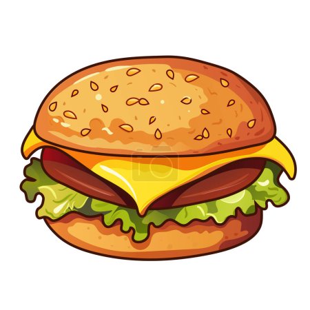 Ilustración de Hamburguesa con queso. Deliciosa hamburguesa jugosa con empanada, chuleta, queso cheddar, lechuga. Sésamo en bollo suave y rubio. Comida rápida, calle, comida para llevar, dañina, alta en calorías, sabrosa, carne de res, pollo, verduras frescas - Imagen libre de derechos