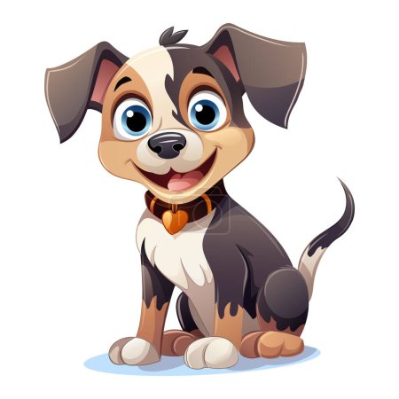 Illustration for Cute cartoon puppy with open mouth. Pet, animal, dog, favorite, black leather collar with a heart, gray, white and brown fur, big blue eyes, wet shiny nose, joyful, smiling - Royalty Free Image