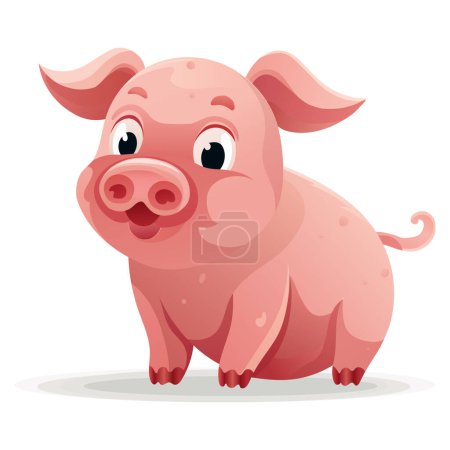 Illustration for Cute cartoon pink pig. Smile, smiling, curled tail, piglet, big eyes, hooves, animal, pet, grunt, pink small spots on the skin, beloved, big nose, surprised, happy, curious - Royalty Free Image
