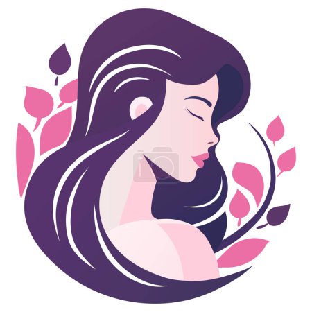 Illustration for Portrait of a beautiful girl in profile. Light pale pink skin, closed eyes, purple hair, pink plump lips, thin eyebrows, neat nose, pink leaves in the background. Meditation, mindfulness, nature - Royalty Free Image