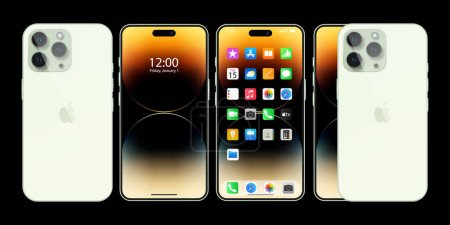 Illustration for New green Iphone 15 pro, promax. Apple inc. smartphone with ios 17. Locked screen, phone navigation page, home page with 47 popular apps. Official presentation. Editorial. - Royalty Free Image