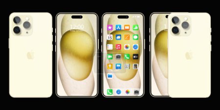 Illustration for New gold, golden Iphone 15 pro, promax. Apple inc. smartphone with ios 15. Locked screen, phone navigation page, home page with 47 popular apps. Official presentation. Editorial. - Royalty Free Image