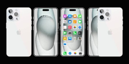 Illustration for New white Iphone 15 pro, promax. Apple inc. smartphone with ios 17. Locked screen, phone navigation page, home page with 47 popular apps. Official presentation. Editorial. - Royalty Free Image