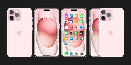 Illustration for New pink Iphone 15 pro, promax. Apple inc. smartphone with ios 15. Locked screen, phone navigation page, home page with 47 popular apps. Official presentation. Editorial. - Royalty Free Image