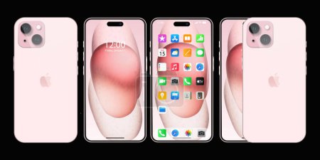 Illustration for New pink Iphone 15. Apple inc. smartphone with ios 17. Locked screen, phone navigation page, home page with 47 popular apps. Official presentation. Editorial. - Royalty Free Image