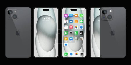 Nuevo Iphone 15 negro y gris. Apple inc. smartphone con iOS 17. Pantalla bloqueada, página de navegación del teléfono, página de inicio con 47 aplicaciones populares. Presentación oficial. Editorial.