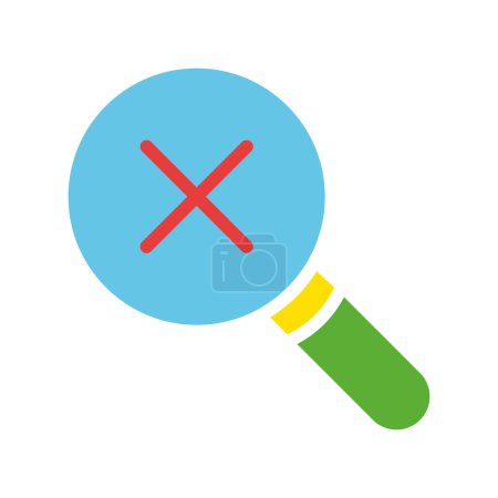 Illustration for Magnifier with a cross. Study, research, survey, ban, prohibit, deny, delete, negative result, disagree, limited access, science, scientist, student. Colorful icon on white background - Royalty Free Image