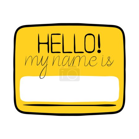 Yellow badge with inscription line icon. Hello my name, school, seller, inscription, duty officer, position, manager, staff. Vector icon for business and advertising
