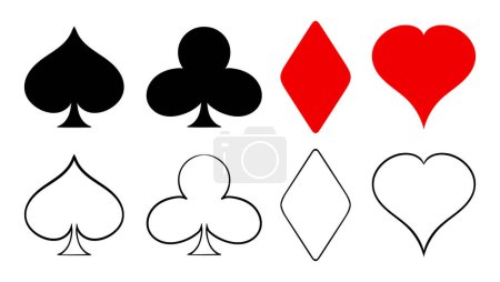 Illustration for Set of card suits icon. Money, poker, game, excitement, ace, deck, suit, loss, winning, trick, back of cards. Vector icon for business and advertising - Royalty Free Image