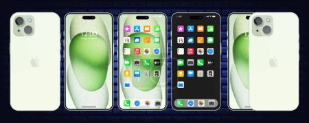 Illustration for New green Iphone 15 pro, promax. Apple inc. smartphone with ios 17. Locked screen, phone navigation page, home page with 47 popular apps. Official presentation. Editorial. - Royalty Free Image
