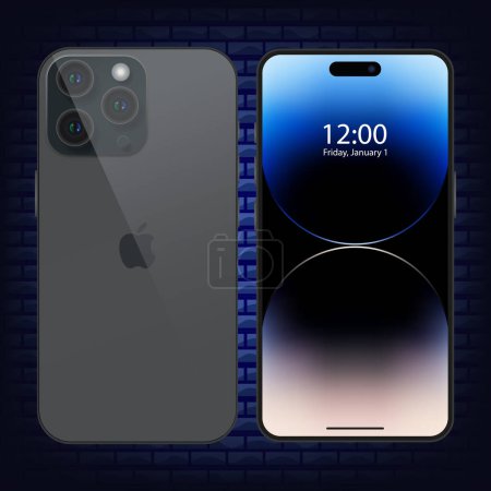 Illustration for New iPhone 15 pro, pro max Deep gray color by Apple Inc. Mock-up screen iphone and back side iphone. High Quality. Official presentation. Editorial - Royalty Free Image